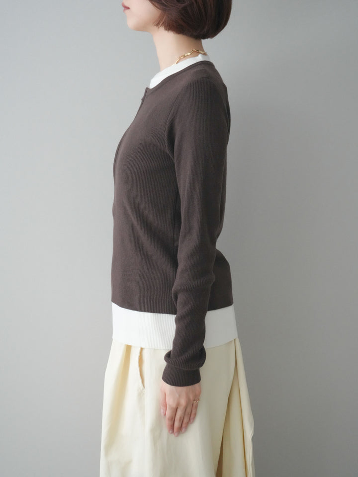 [予約]フロントジップ配色レイヤードニットトップス/choco