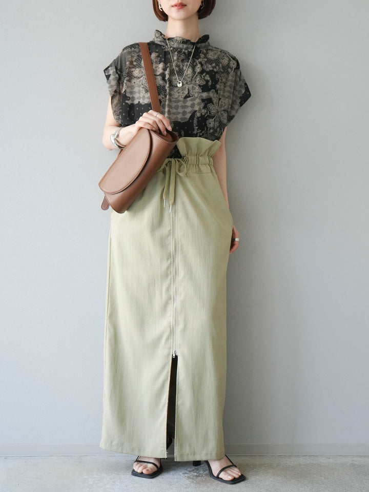 [予約]フラワーパターンフレンチスリーブブラウス/ブラック