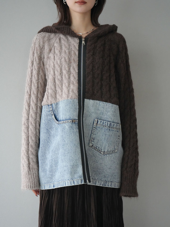 [予約]デニム×バイカラーニットZIPフーディ/brown