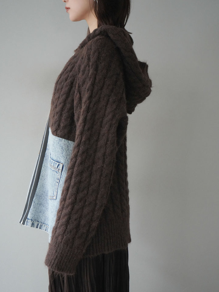 [予約]デニム×バイカラーニットZIPフーディ/brown