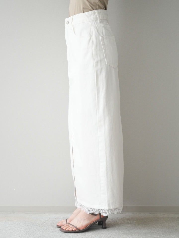 [予約]ハイスリットレースデニムスカート/white