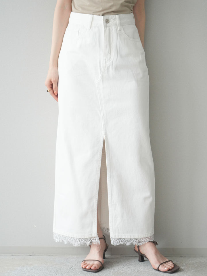[予約]ハイスリットレースデニムスカート/white
