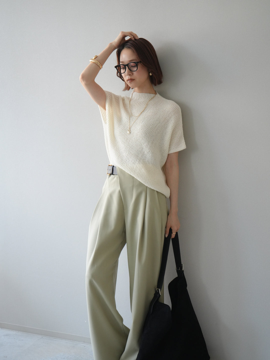 [SET]アシンメトリーローゲージニットトップス+アシンメトリーベルトタックワイドパンツ(2set)