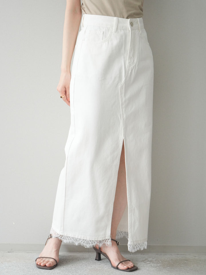 [予約]ハイスリットレースデニムスカート/white