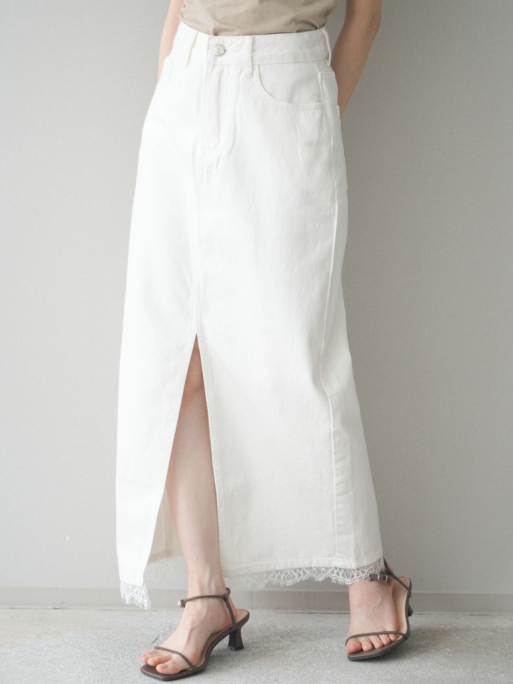 [予約]ハイスリットレースデニムスカート/white