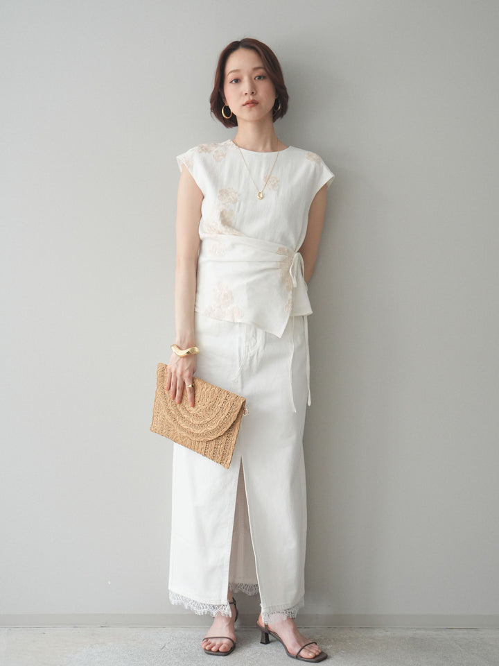 [予約]ハイスリットレースデニムスカート/white