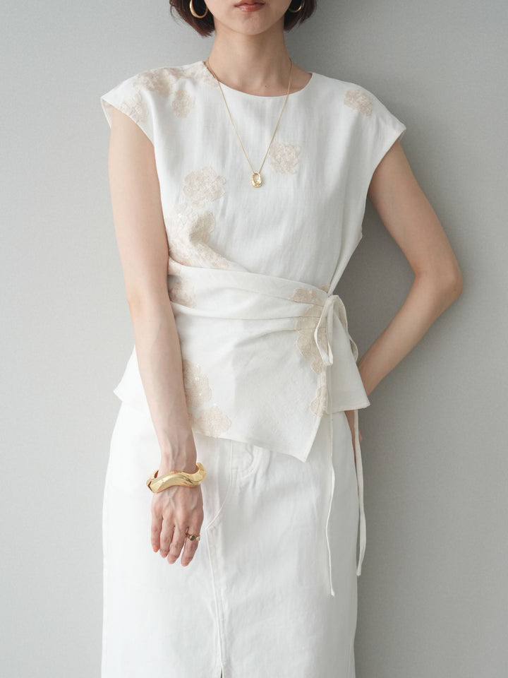 [SET]リネンタッチフラワージャガードトップス+選べるアクセセット(2set)