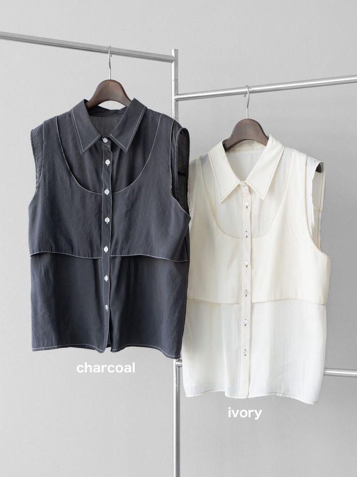 [SET]ステッチシアーレイヤードデザインブラウス+ラインレースデニムパンツ(2set)