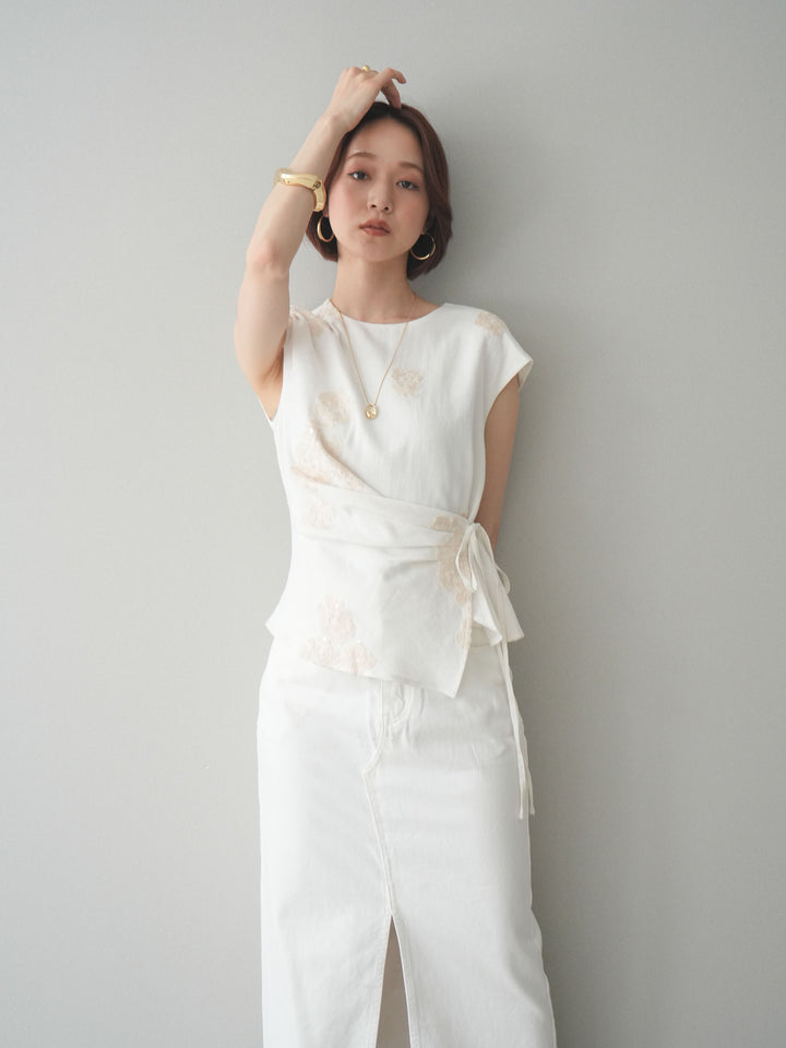 [SET]リネンタッチフラワージャガードトップス+選べるアクセセット(2set)