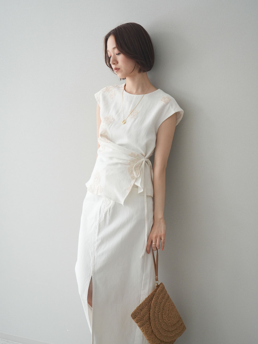 [SET]リネンタッチフラワージャガードトップス+選べるアクセセット(2set)