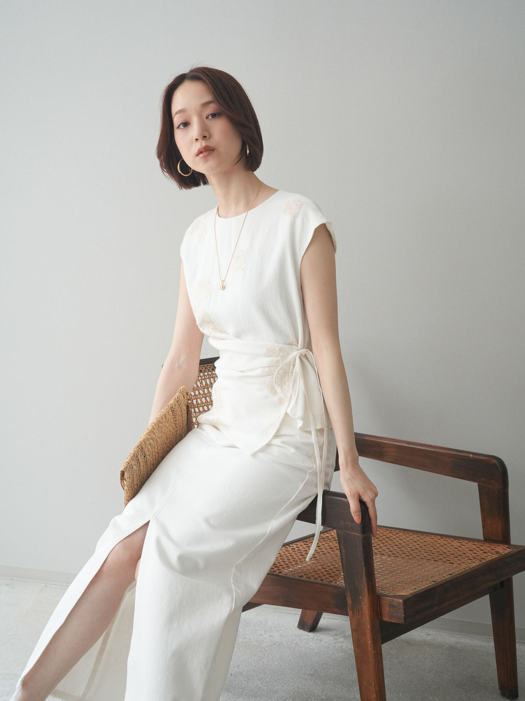 [SET]リネンタッチフラワージャガードトップス+選べるアクセセット(2set)