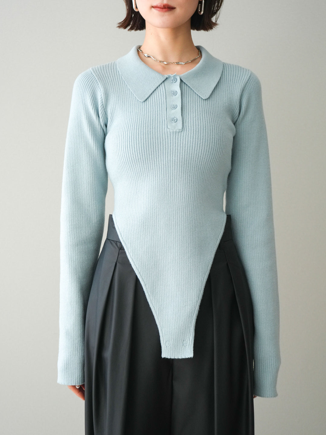 [予約]リブポロニットボディスーツ/blue