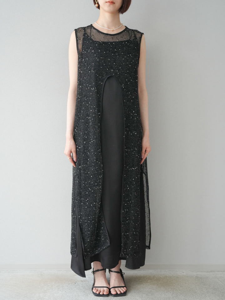 【預購】前開衩網紗連身裙/黑色