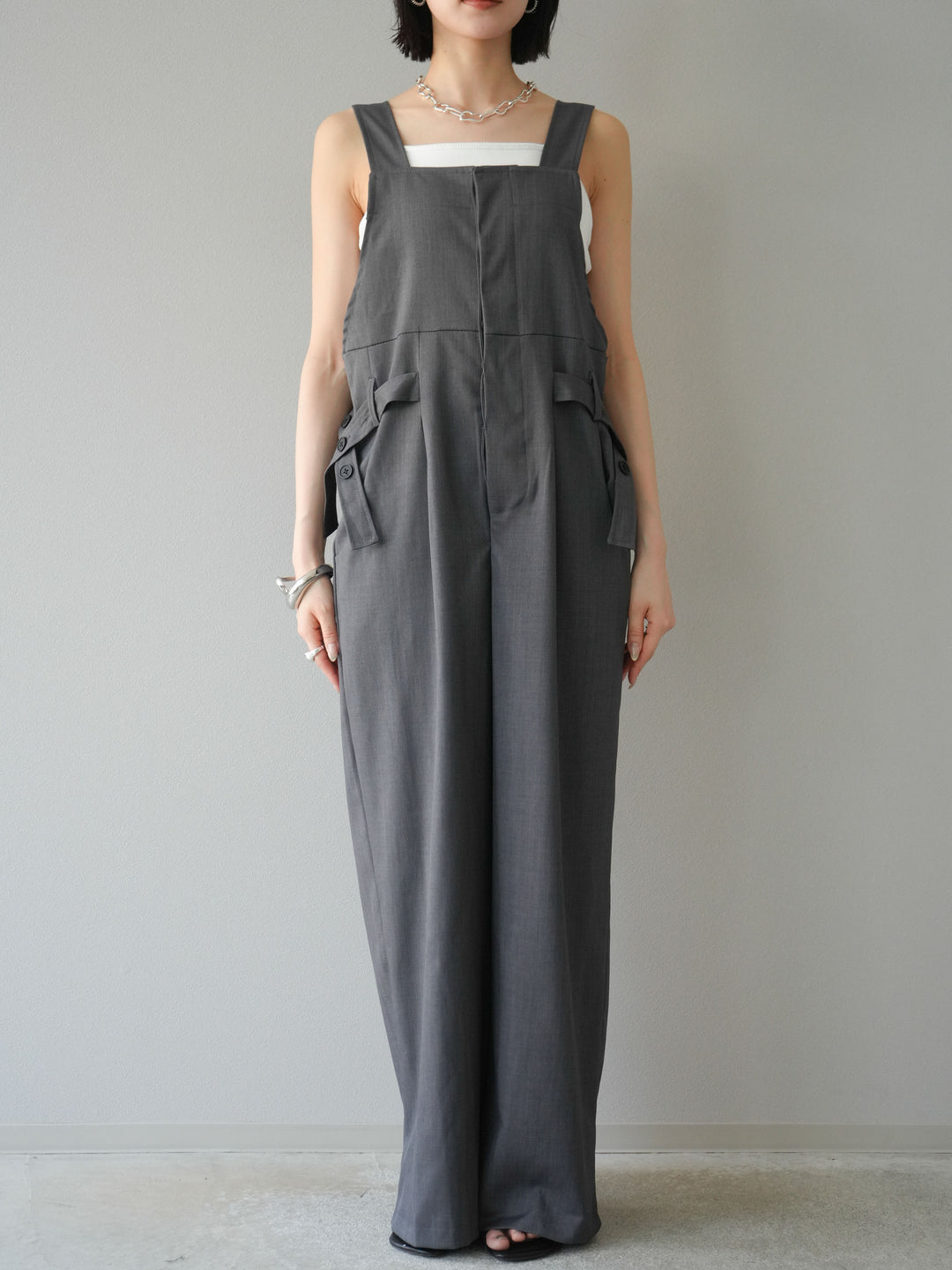 【預購】皮帶設計工裝褲/灰色