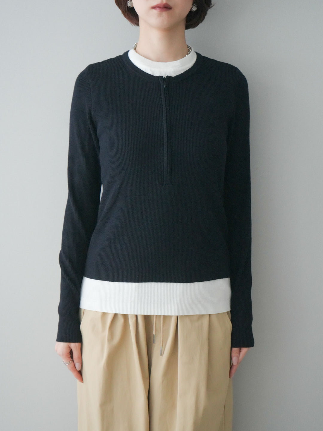 [予約]フロントジップ配色レイヤードニットトップス/navy
