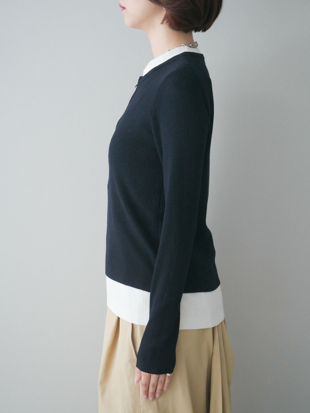 [予約]フロントジップ配色レイヤードニットトップス/navy