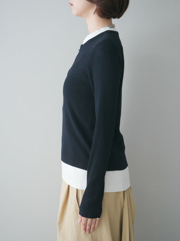 [予約]フロントジップ配色レイヤードニットトップス/navy