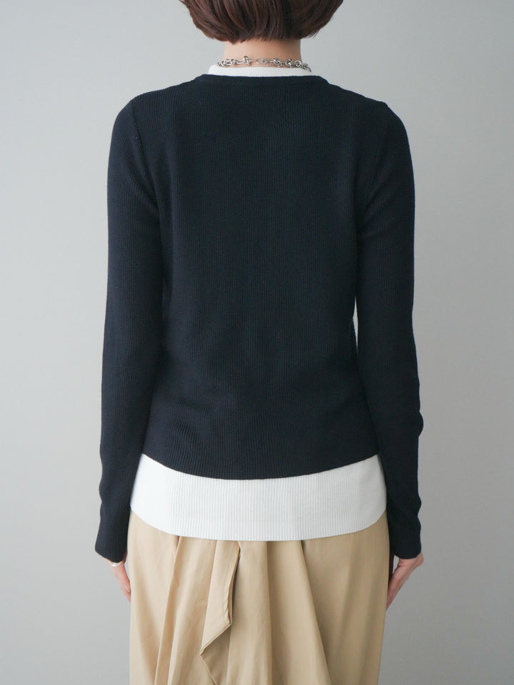 [予約]フロントジップ配色レイヤードニットトップス/navy
