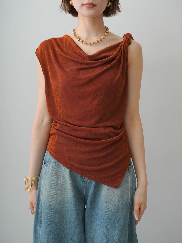 [予約]ツイストショルダーアシメドレープトップス/brown