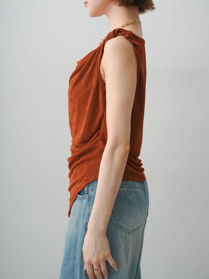 [予約]ツイストショルダーアシメドレープトップス/brown