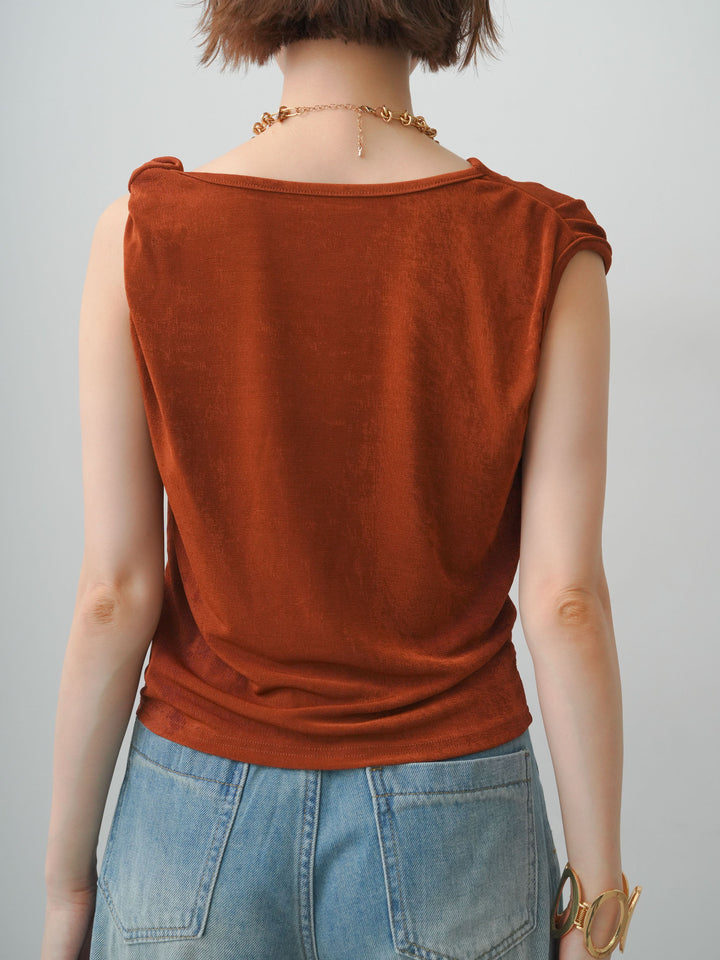 [予約]ツイストショルダーアシメドレープトップス/brown