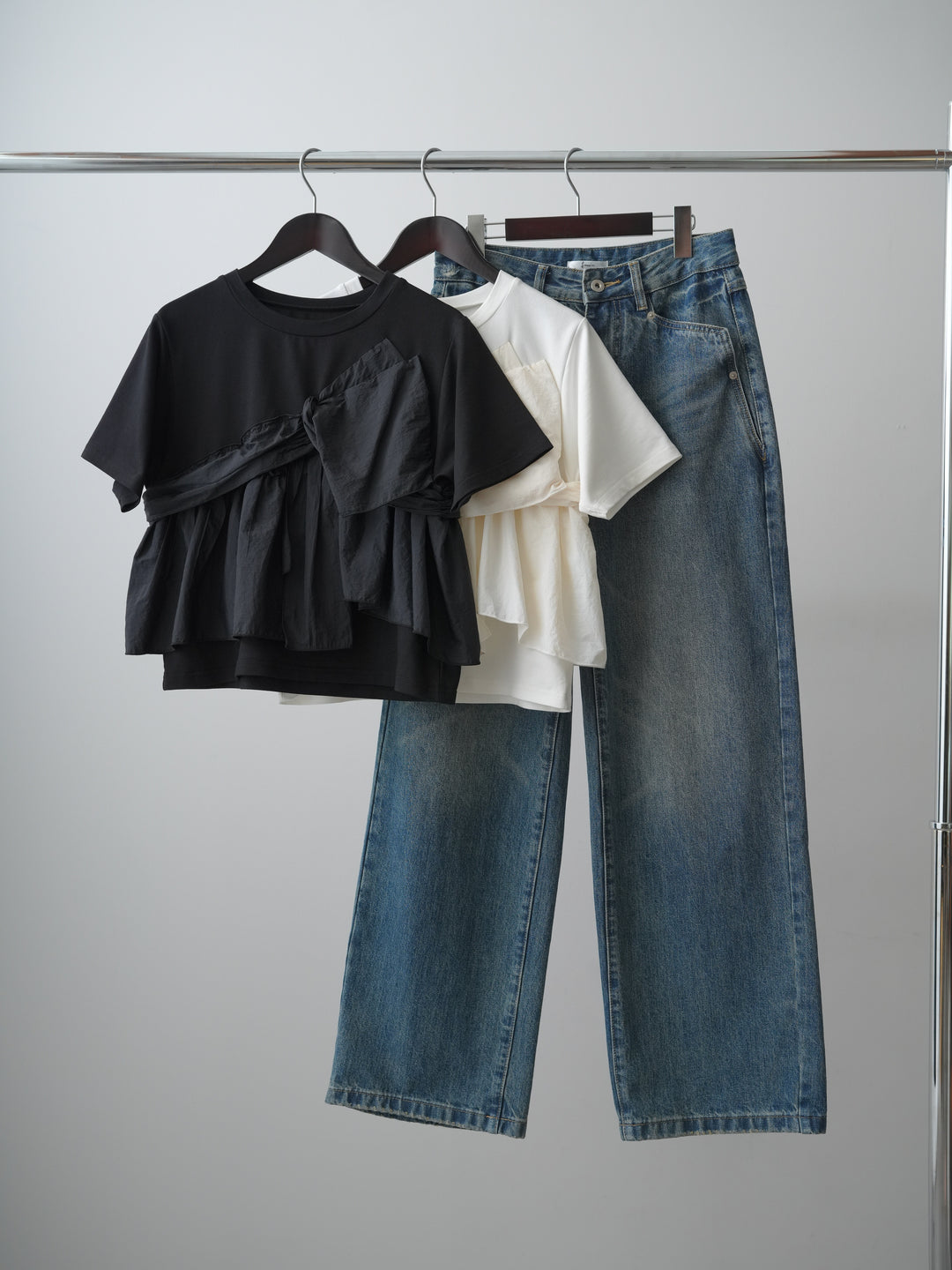 【着回しセット】[SET]ナイロンドッキングツイストTEE +ナイロンドッキングツイストTEE +ストーンウォッシュルーズフィットデニム(3set)