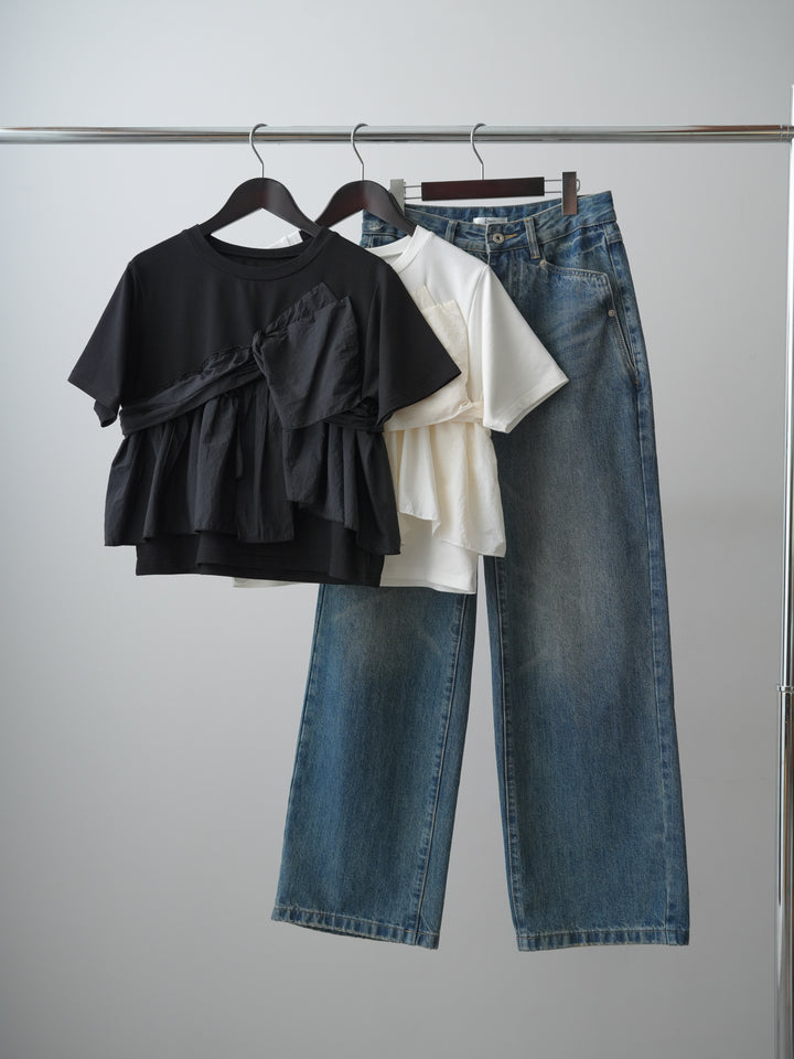 【着回しセット】[SET]ナイロンドッキングツイストTEE +ナイロンドッキングツイストTEE +ストーンウォッシュルーズフィットデニム(3set)