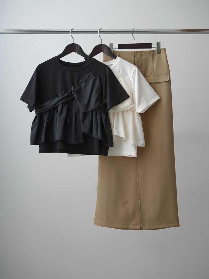 【着回しセット】[SET]ナイロンドッキングツイストTEE +ナイロンドッキングツイストTEE +クレープデシンフラップ付きストレートスカート(3set)