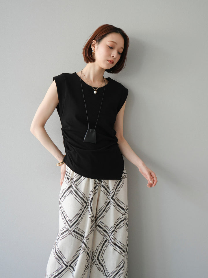 [予約]サイドギャザーTシャツ＆巾着レザーネックレスSET /ブラック