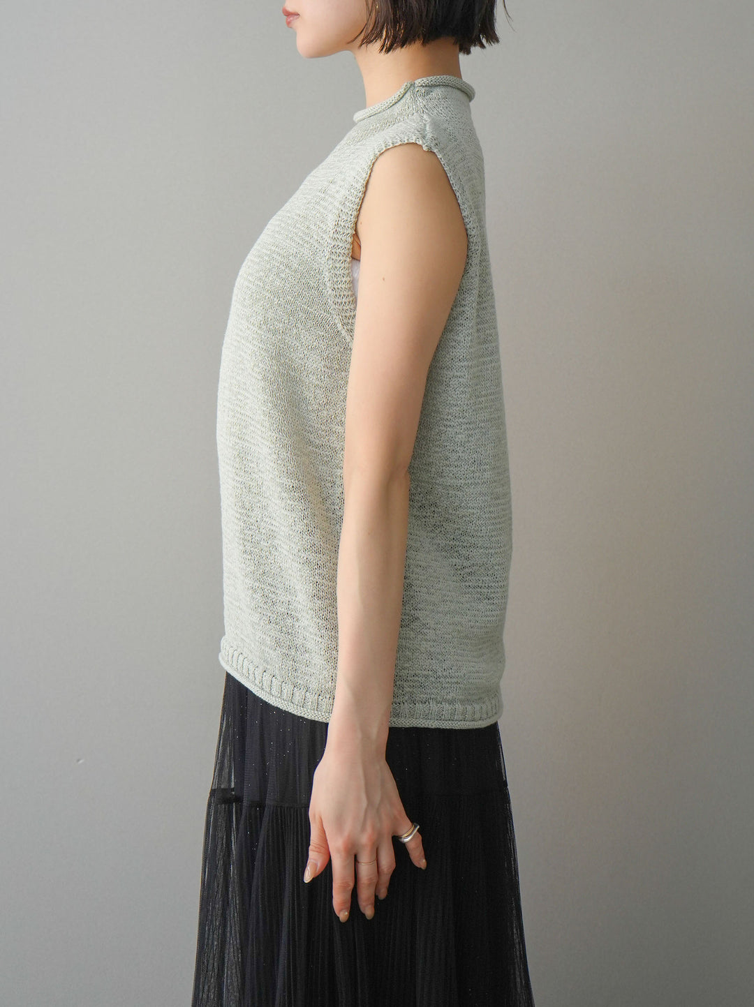 [予約]ノースリーブリネンタッチシアーニットプルオーバー/green