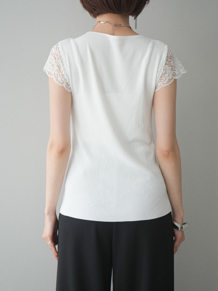 [予約]パールボタンレース切替ニットトップス/white