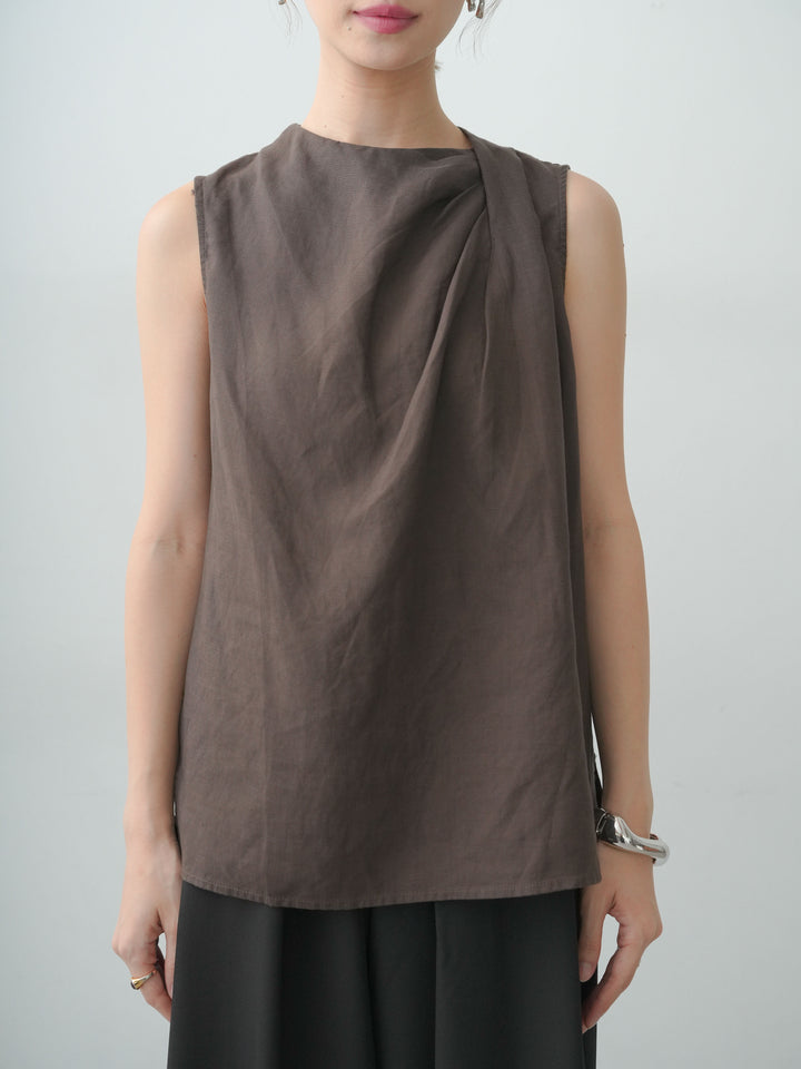 [予約]リネンライクサイドショルダーギャザーノースリトップス/brown