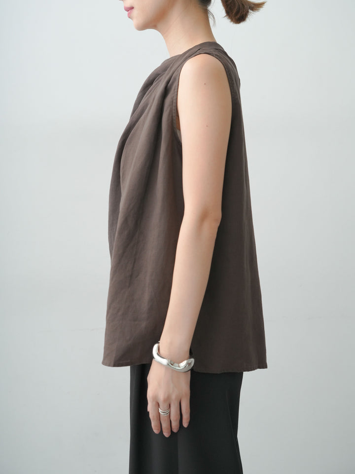[予約]リネンライクサイドショルダーギャザーノースリトップス/brown