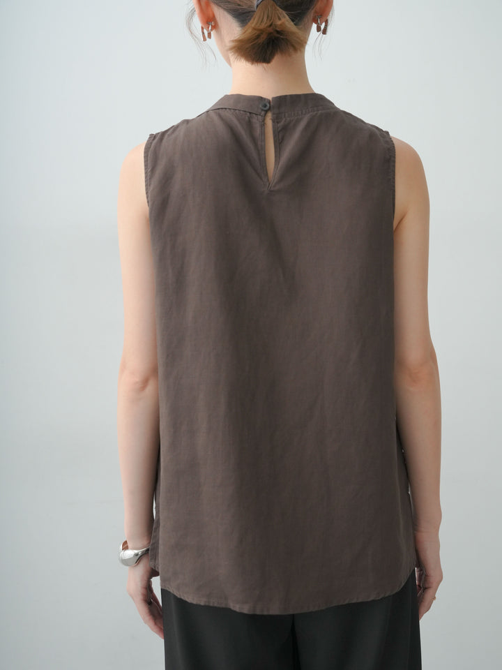 [予約]リネンライクサイドショルダーギャザーノースリトップス/brown