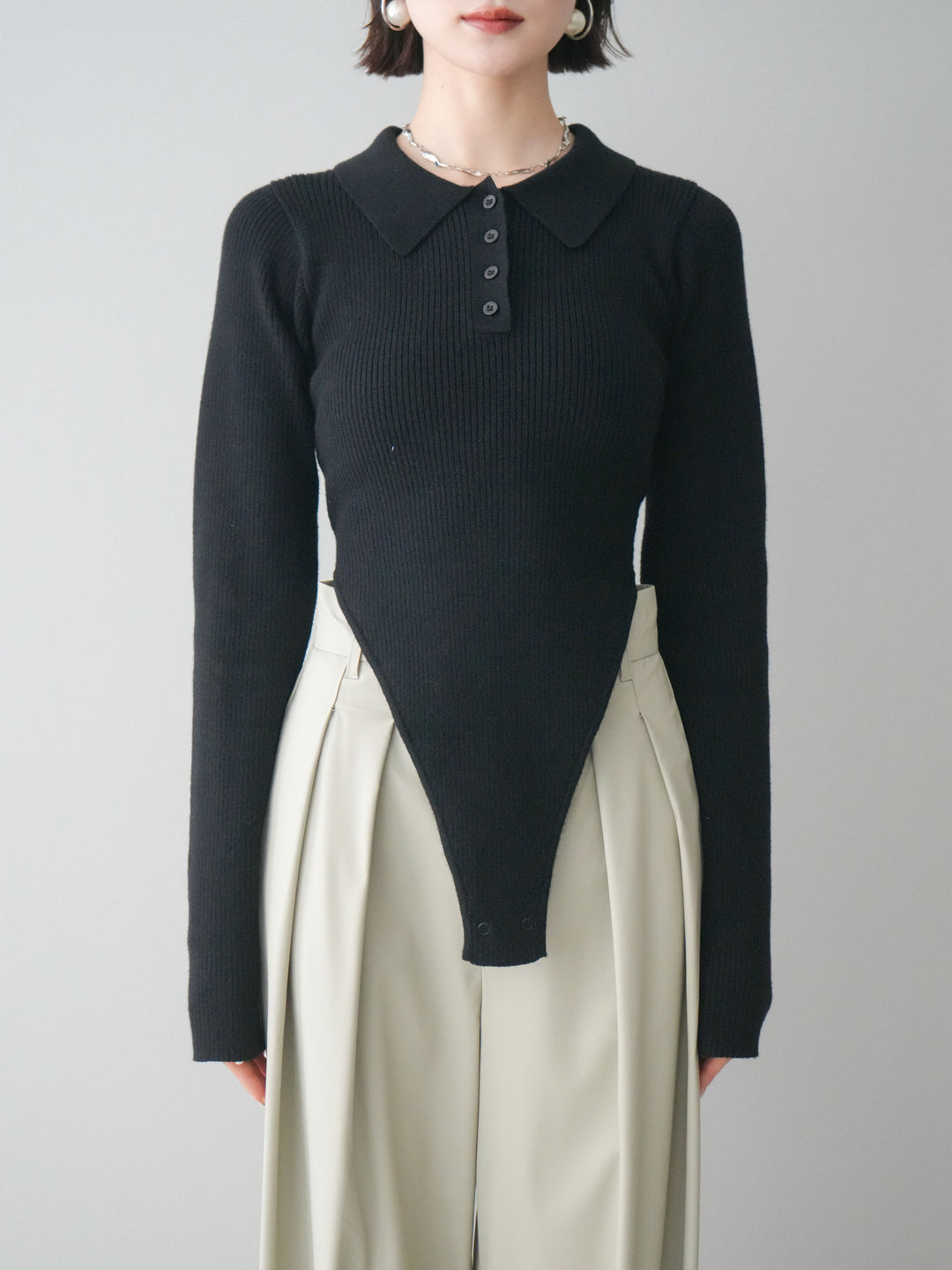 [予約]リブポロニットボディスーツ/black