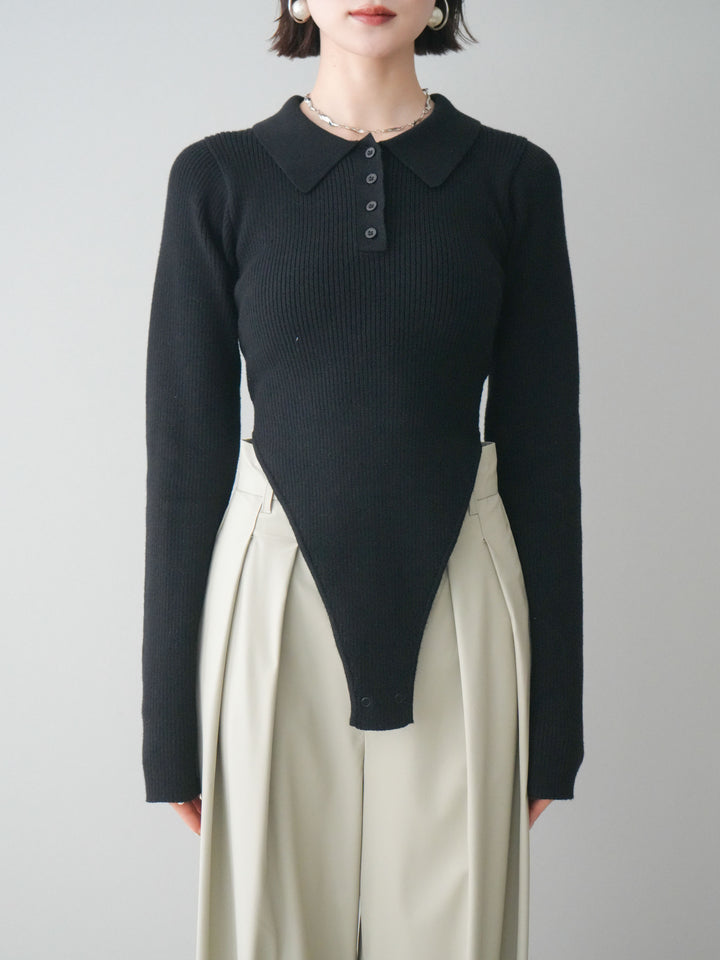 [予約]リブポロニットボディスーツ/black