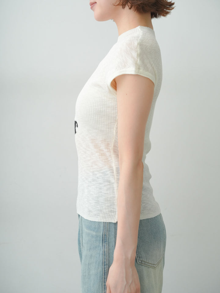 [予約]フラワープリントリブフレンチニットトップス/offwhite