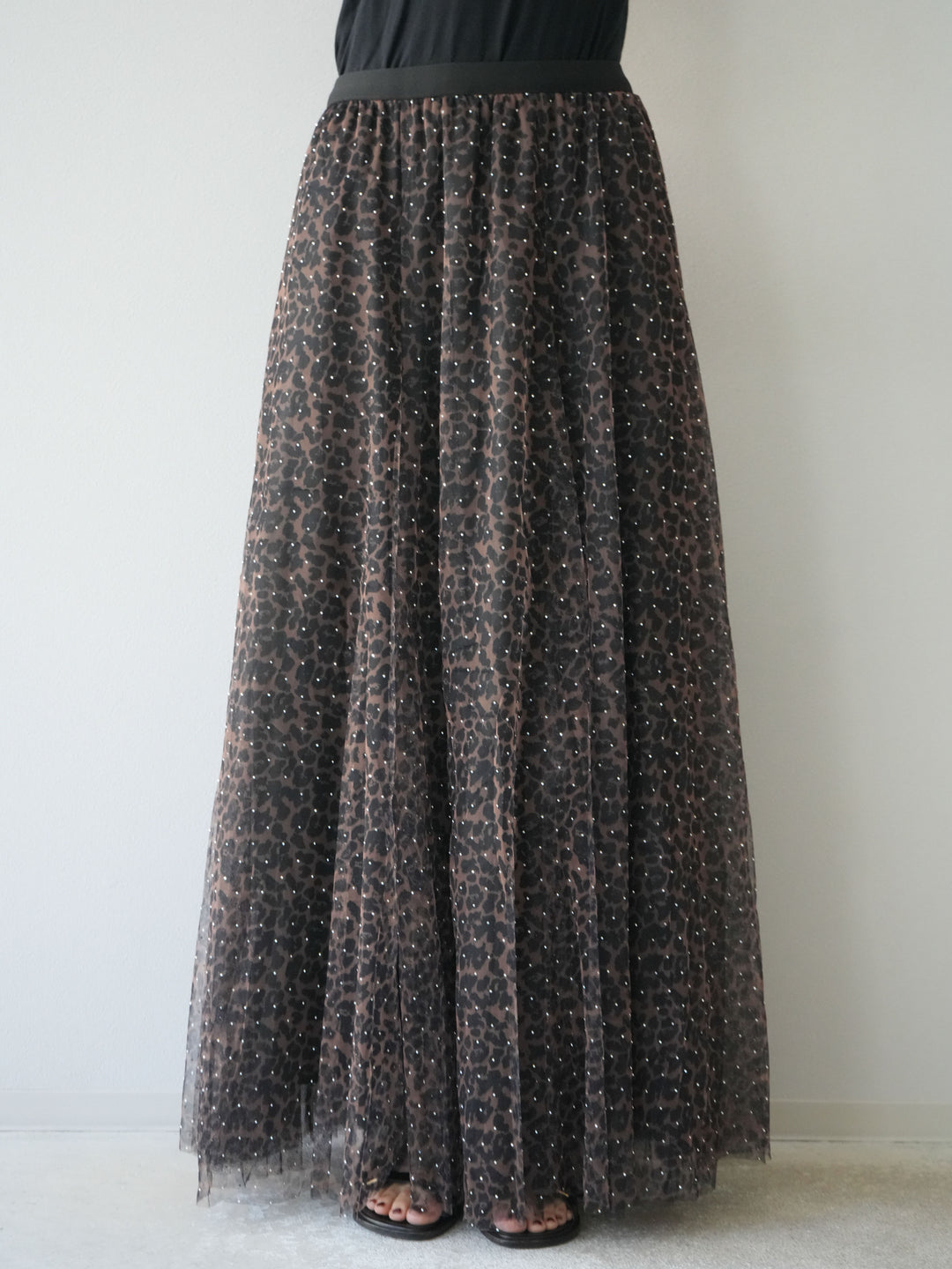 [5] 豹紋薄紗層疊百褶裙/摩卡色