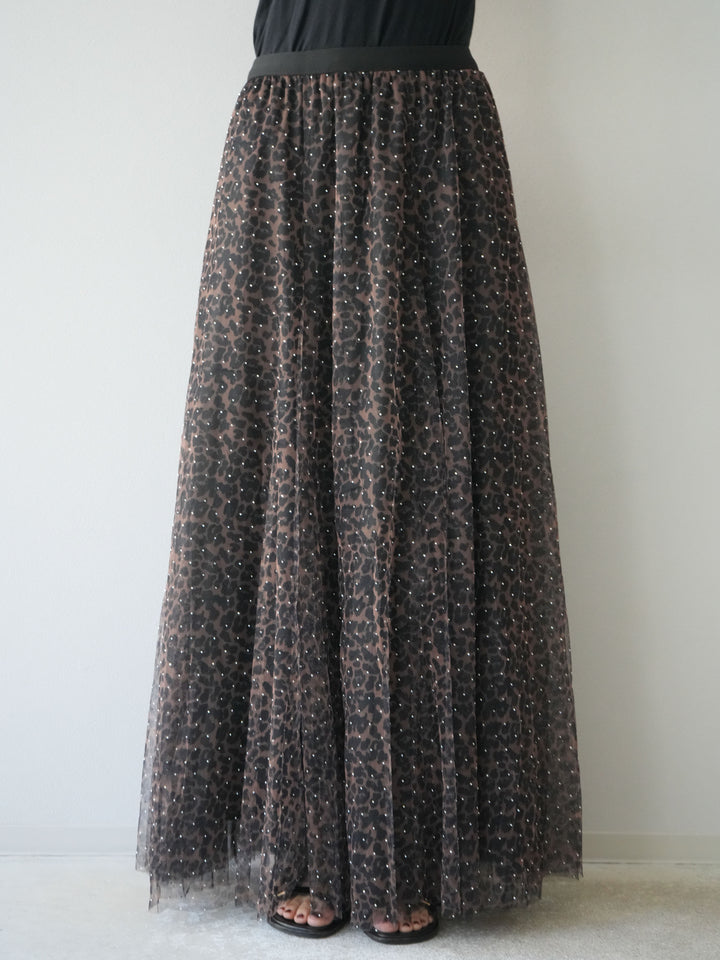 [5] 豹紋薄紗層疊百褶裙/摩卡色