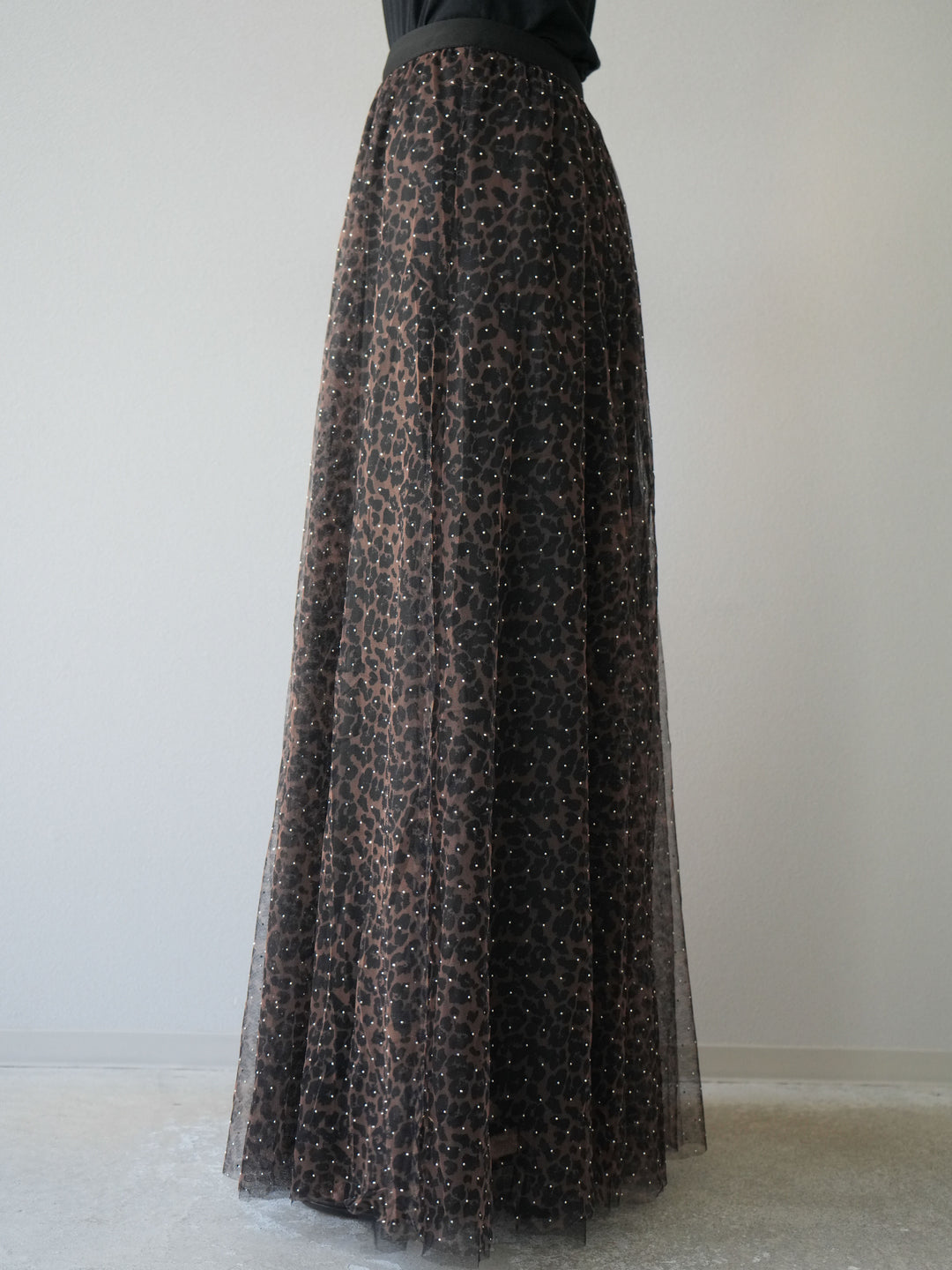 [5] 豹紋薄紗層疊百褶裙/摩卡色