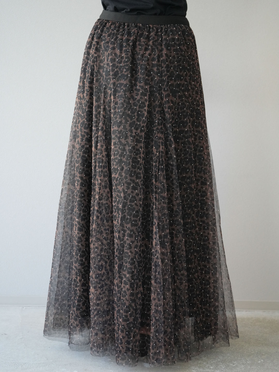 [5] 豹紋薄紗層疊百褶裙/摩卡色