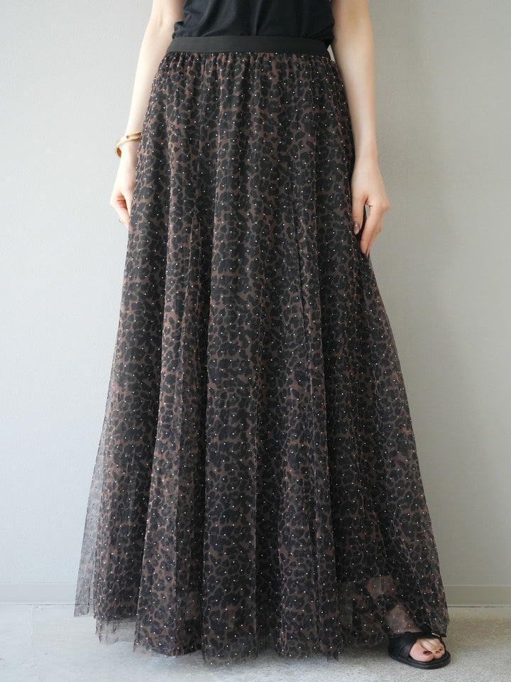 [5] 豹紋薄紗層疊百褶裙/摩卡色