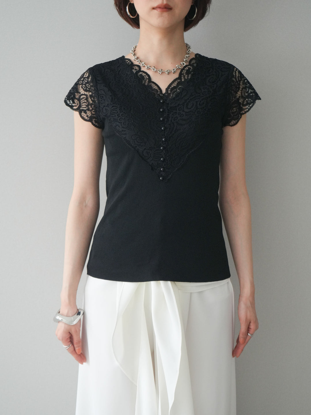 [予約]パールボタンレース切替ニットトップス/black
