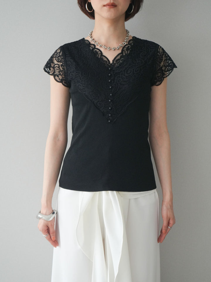 [予約]パールボタンレース切替ニットトップス/black