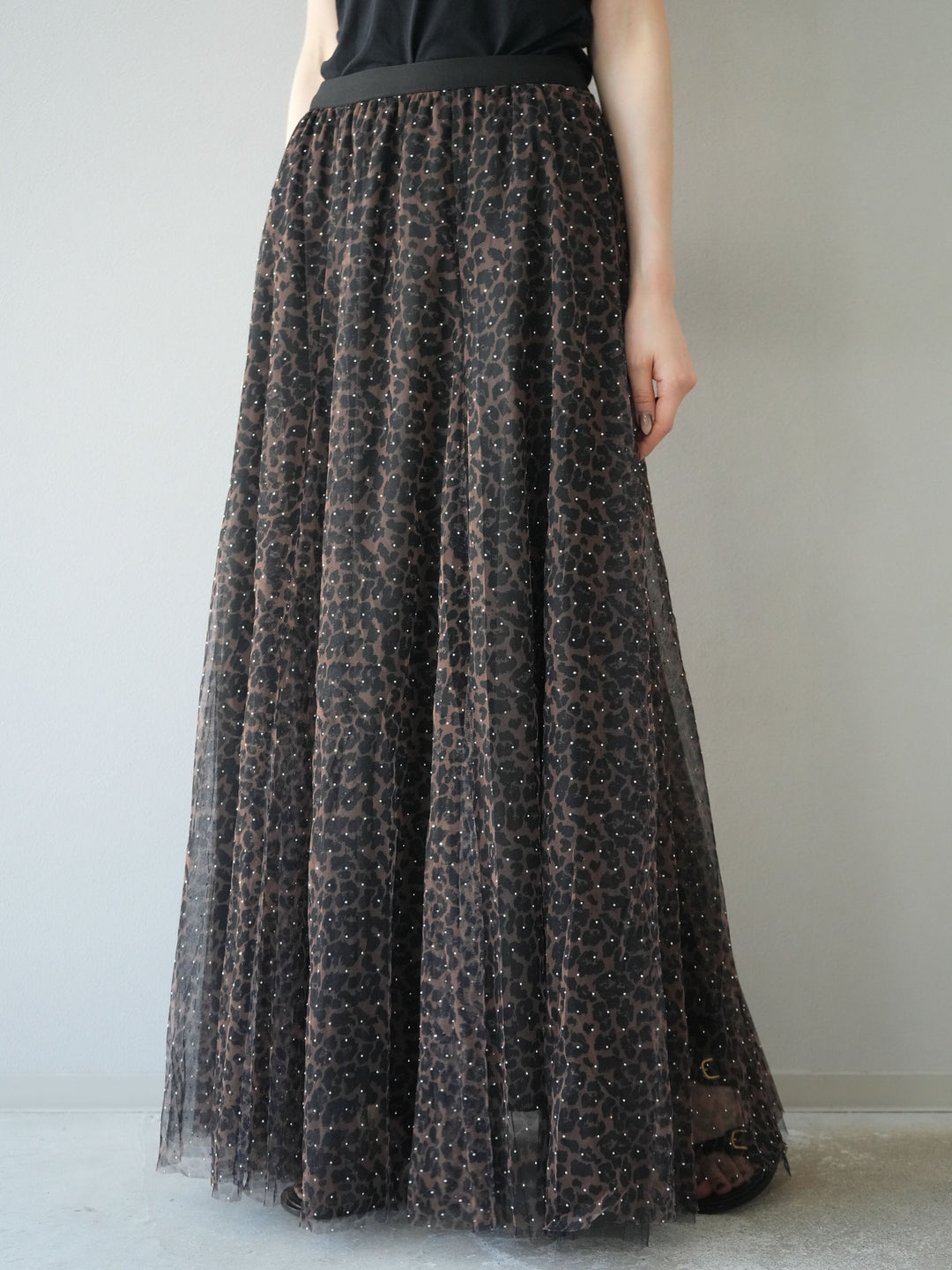 [5] 豹紋薄紗層疊百褶裙/摩卡色