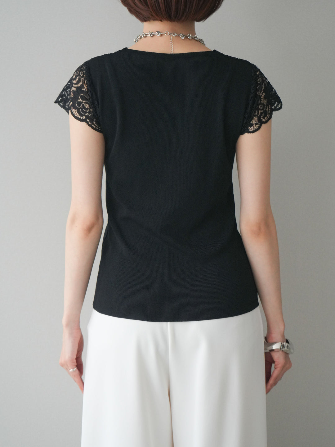 [予約]パールボタンレース切替ニットトップス/black