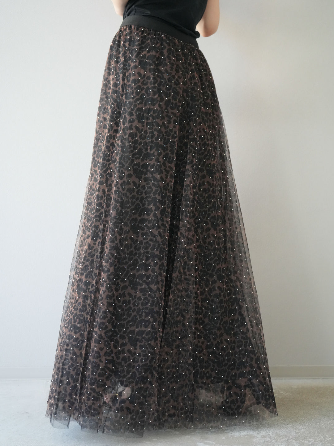 [5] 豹紋薄紗層疊百褶裙/摩卡色