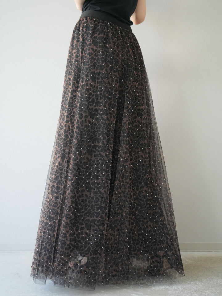 [5] 豹紋薄紗層疊百褶裙/摩卡色