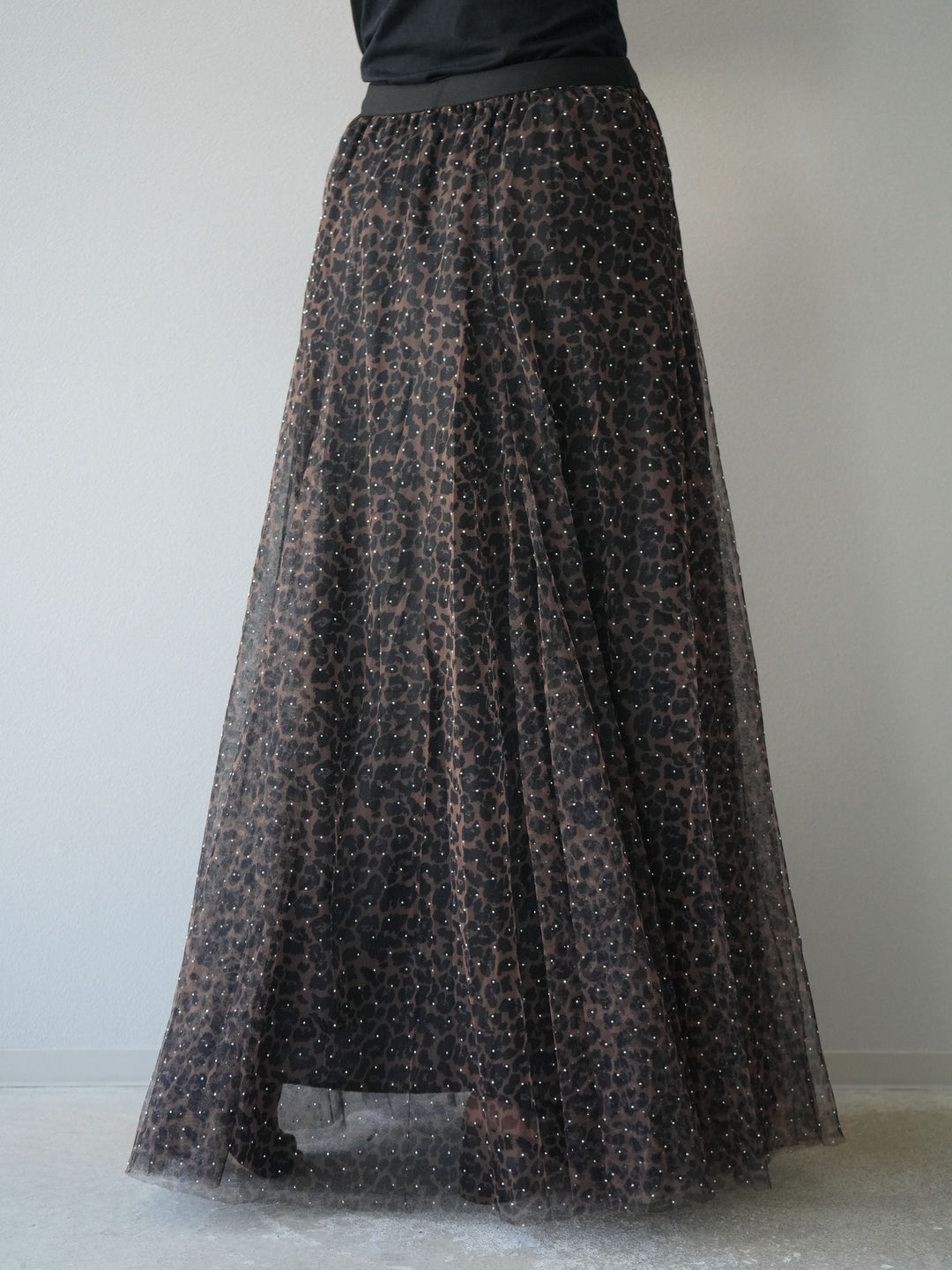 [5] 豹紋薄紗層疊百褶裙/摩卡色