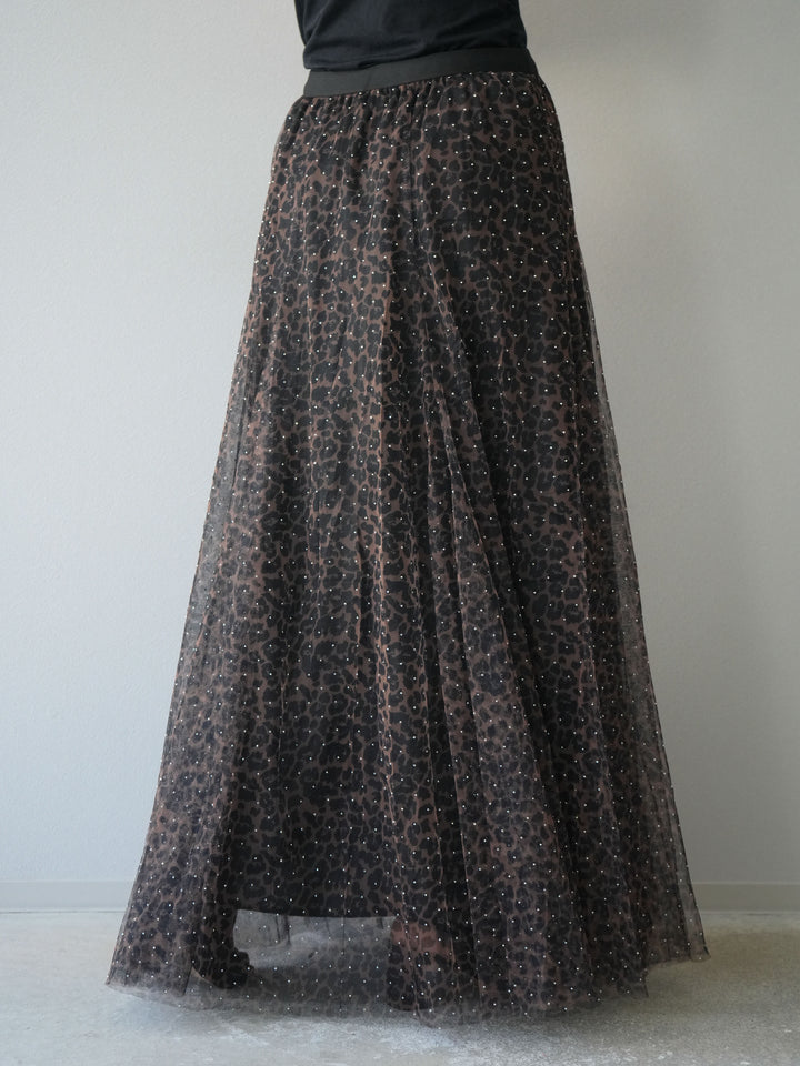 [5] 豹紋薄紗層疊百褶裙/摩卡色